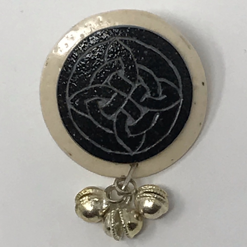 Carved Celtic Knot Emu Ostrich Shell Pin W/ Bells